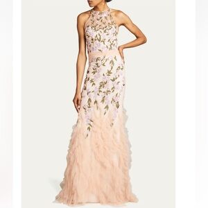 MARCHESA NOTTE
Floral Embroidered Ruffle-Hem Halter Gown NWT size 8
